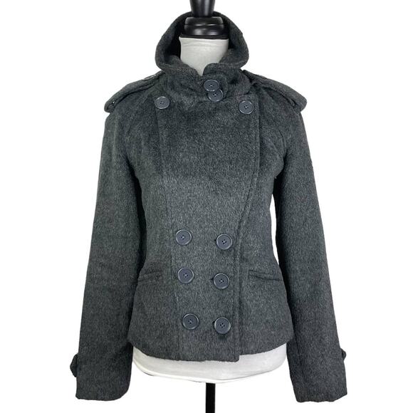 Monoreno | Gray Fleece Button Front Large Collar Double Breasted Classic Peacoat - Picture 3 of 11